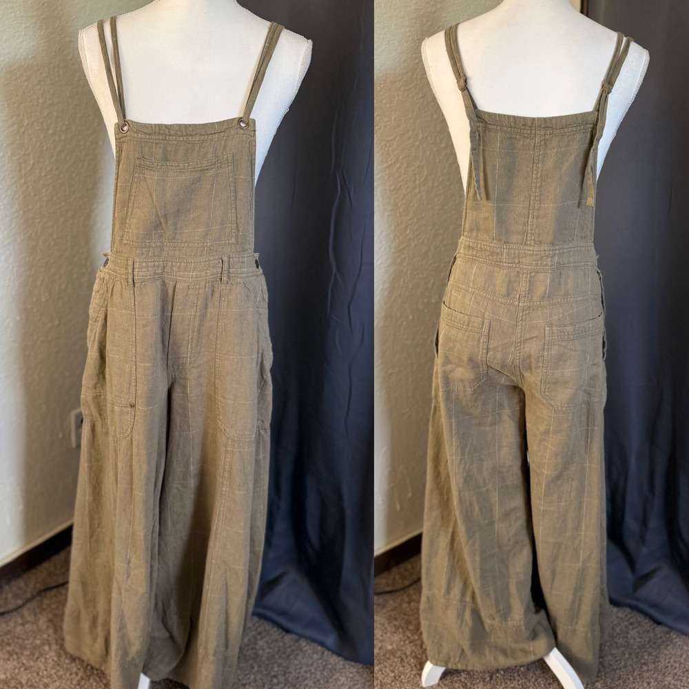 Pilcro Anthropologie Linen Blend Wide Leg Overalls  Windowpane Size Medium - Picture 7 of 11